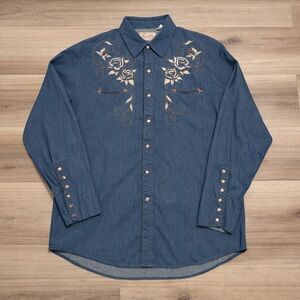 Scully Western Embroidered Pearl Snap Denim Shirt Men’s L Longhorn Roses